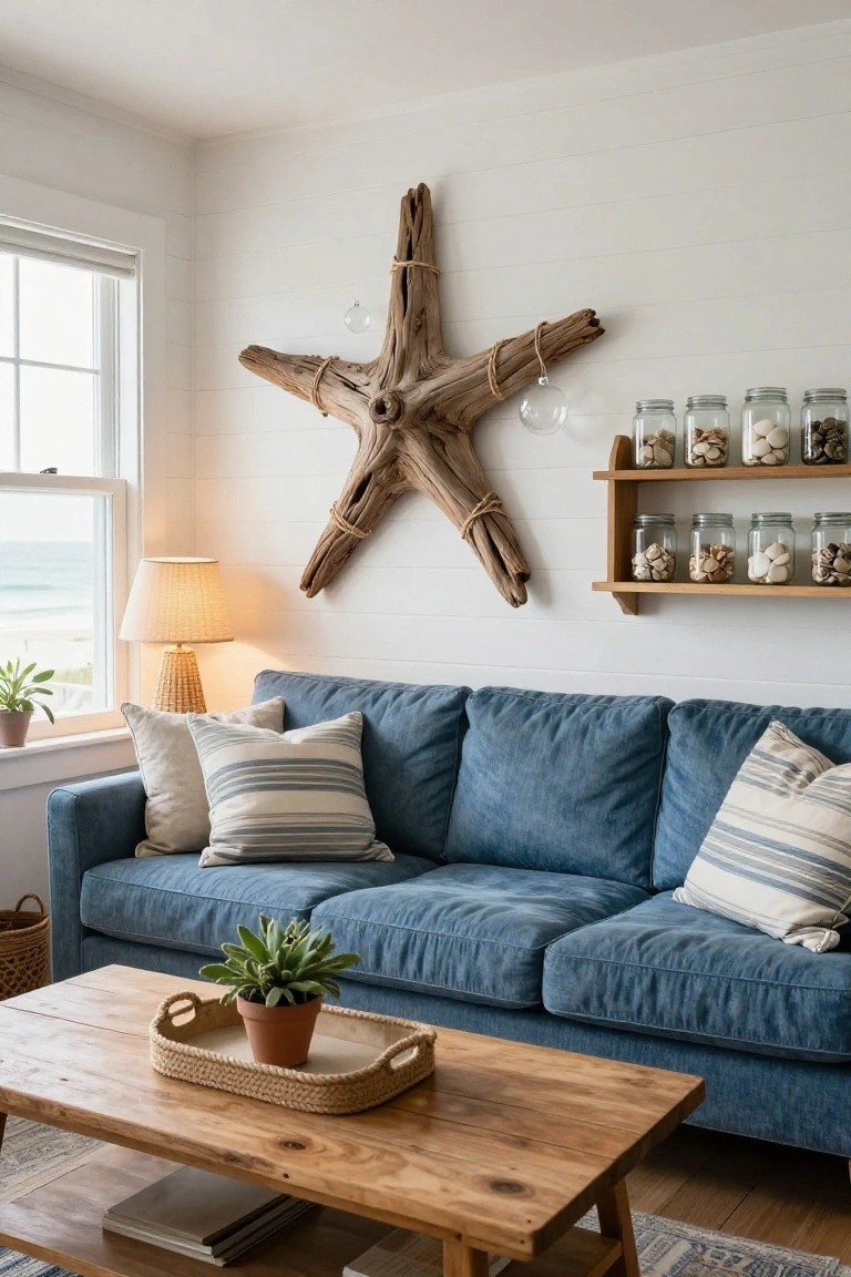 Cozy living room with blue sofa, wooden coffee table, potted plants, ocean view window, driftwood starfish sculpture on white shiplap wall, and wooden shelf holding jars of seashells.
