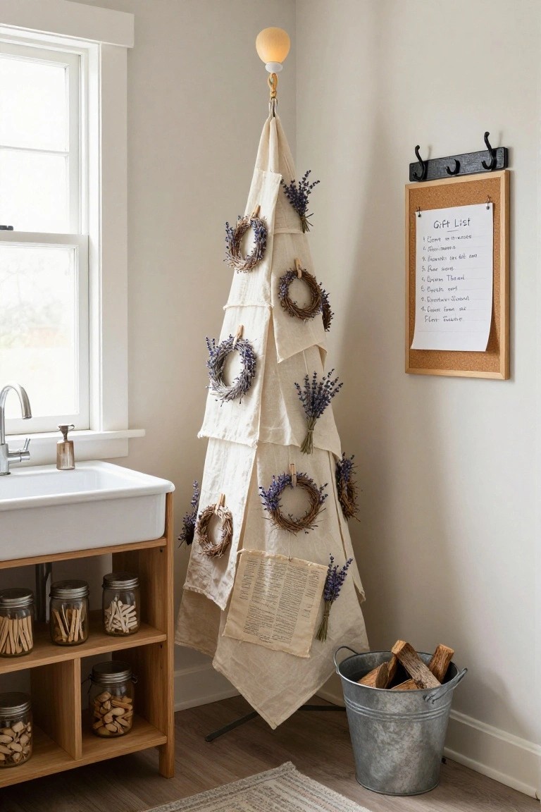 A tall freestanding Christmas tree made from white fabric draped over a frame and decorated with multiple lavender wreaths stands in a kitchen near a white farmhouse sink, wooden cabinets, and a corkboard with a gift list.