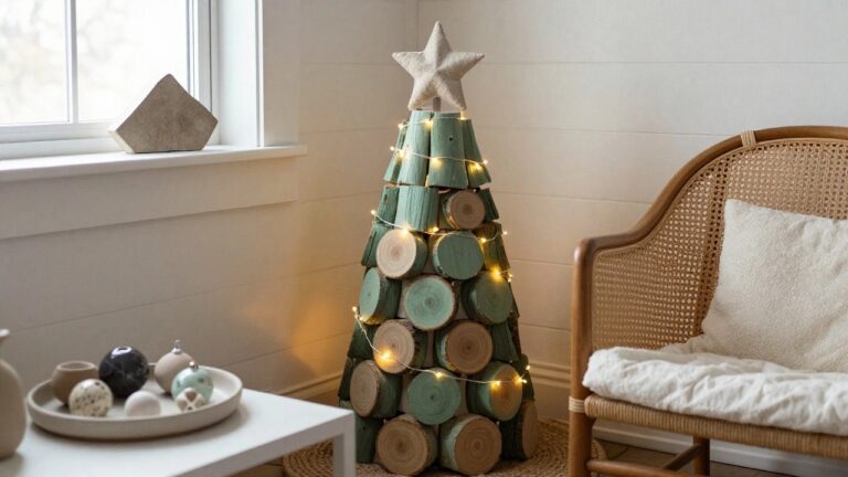 A freestanding Christmas tree constructed from stacked natural and green-painted wood discs and slices, adorned with fairy lights and greenery, positioned in a light wood-paneled room beside a window with a rattan chair nearby.