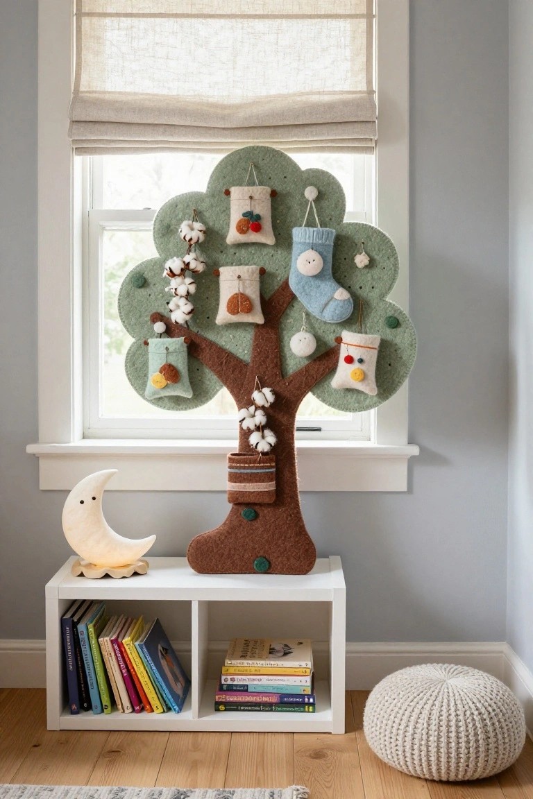 Green felt Christmas tree wall hanging with fabric ornaments including cotton bolls, baby socks, and pouches, positioned by a window next to a white bookshelf and pouf in a light blue room.