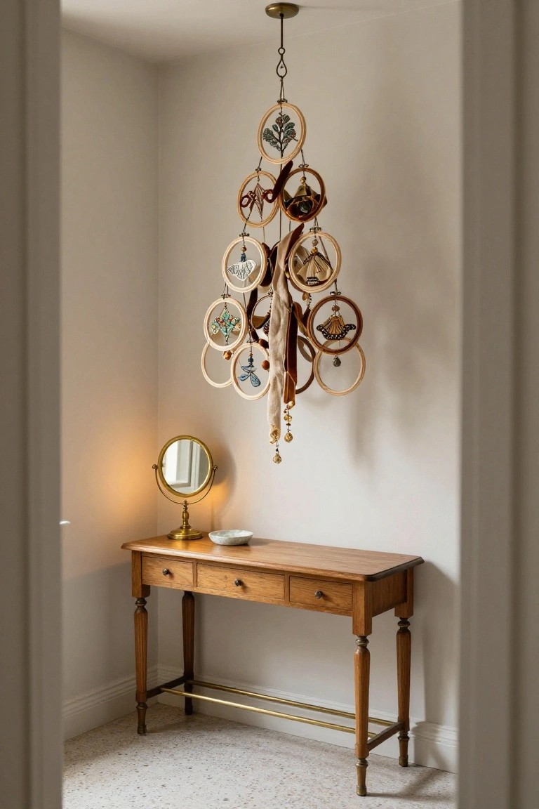 A hanging Christmas tree sculpture made from multiple stacked wooden embroidery hoops with embroidered designs and dangling elements, positioned above a wooden desk with a gold mirror in a light-colored room corner.