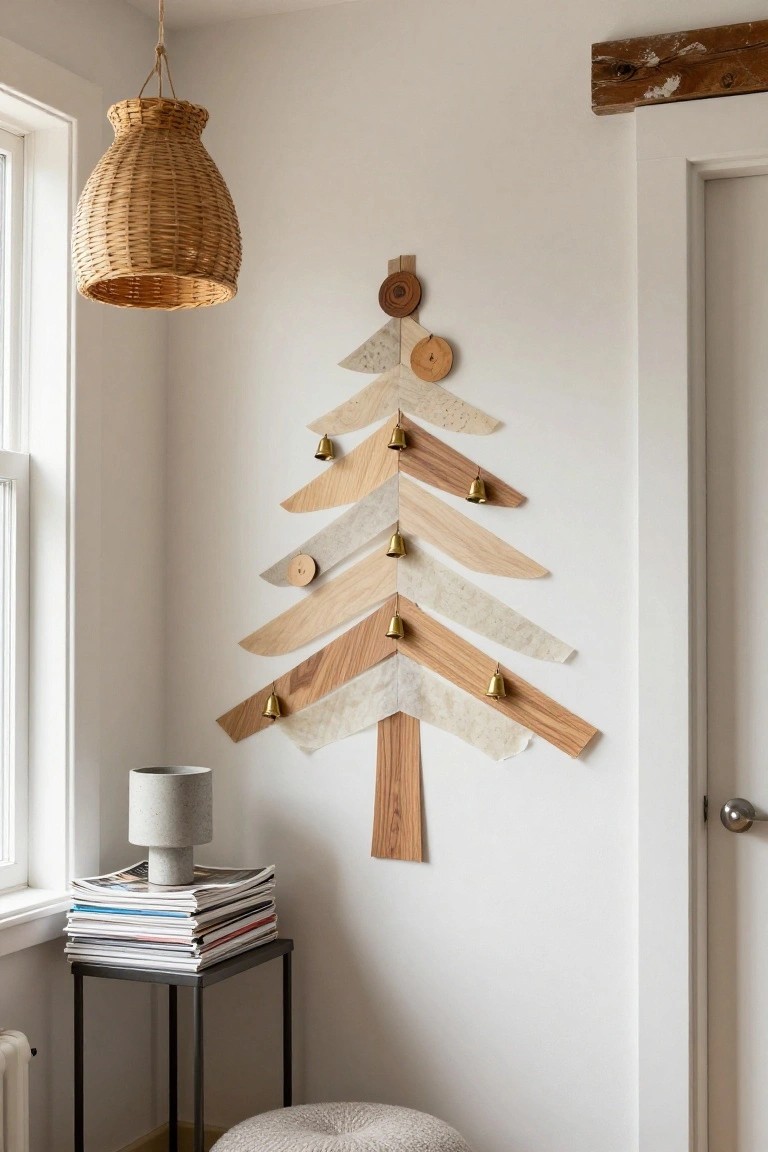 Corner of a white room with a wall-mounted Christmas tree made from layered light and dark wood planks, beige fabric pieces, and hanging gold bells, beside a woven pendant lamp, concrete table lamp on stacked magazines atop a black metal table, and a cream pouf stool.