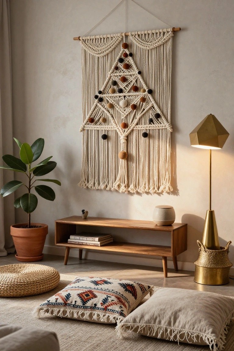 A corner of a light beige room with a large triangular white macrame wall hanging decorated with multicolored beads resembling a Christmas tree, a potted green plant, wooden console table with books, floor cushions, and a gold geometric floor lamp.