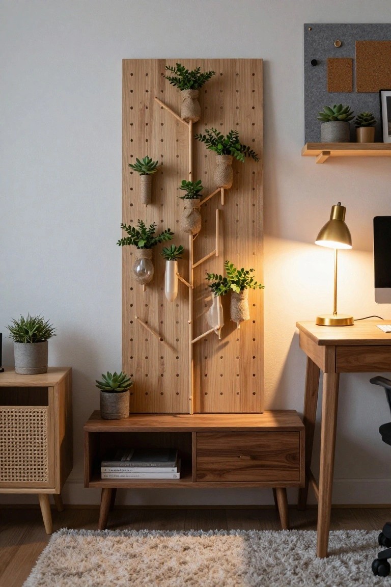 Tall wooden pegboard mounted vertically on a white wall in the shape of a tree with branches, holding multiple small potted plants in jute-wrapped containers, beside a wooden desk with a gold lamp and side tables in a light wood interior.