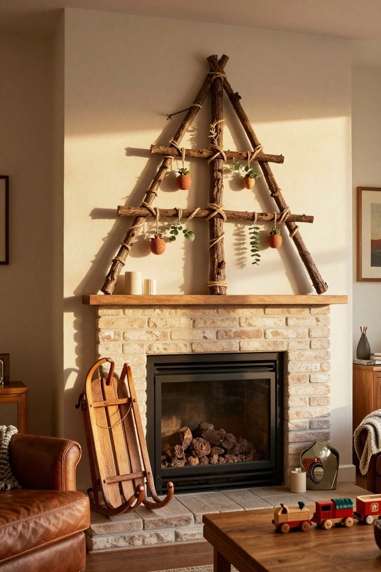 Cozy living room corner with brick fireplace, wall-mounted triangular tree of wooden branches decorated with potted plants and orange ornaments, wooden sleigh leaning nearby, leather armchair, and wooden toy train on coffee table.