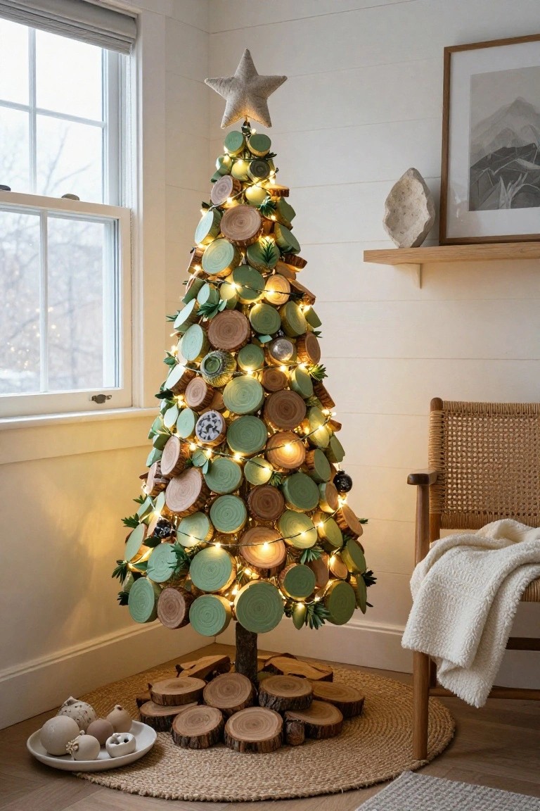 A freestanding Christmas tree constructed from stacked natural and green-painted wood discs and slices, adorned with fairy lights and greenery, positioned in a light wood-paneled room beside a window with a rattan chair nearby.