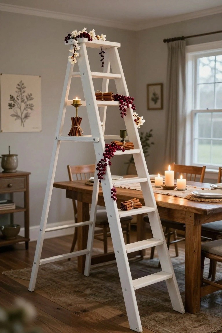 A white A-frame step ladder decorated with red berry garlands, white flowers, cinnamon sticks bundled with twine, and lit candles on its shelves, standing next to a wooden dining table set with plates and more candles in a light gray room.