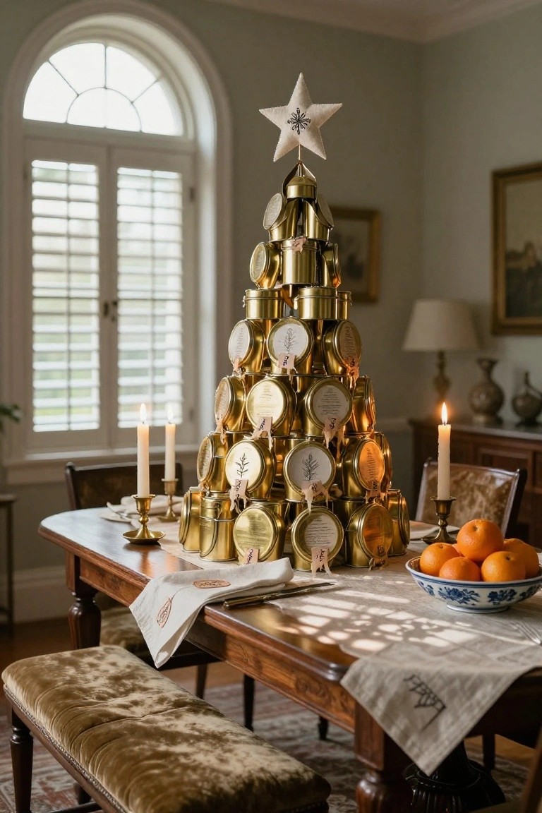 A Christmas tree made from stacked gold tins on a wooden dining table in a pale green room with arched shuttered windows, candles, oranges in a blue bowl, and upholstered chairs.