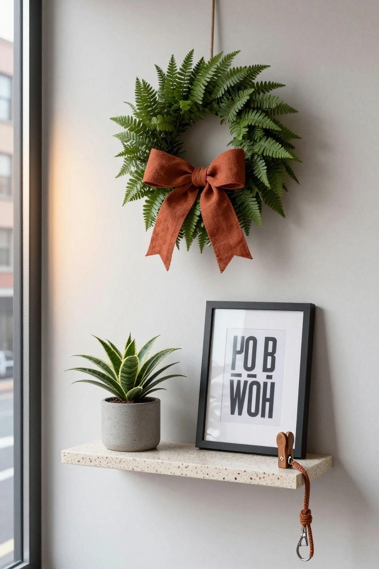 Gray corner booth seating around a small wooden table with spilled cereal, two bowls, and a glass milk jug, colorful rainbow pom-pom wreath hanging on the wall nearby, shelves with assorted mugs above, rattan pendant light overhead in a light gray kitchen.
