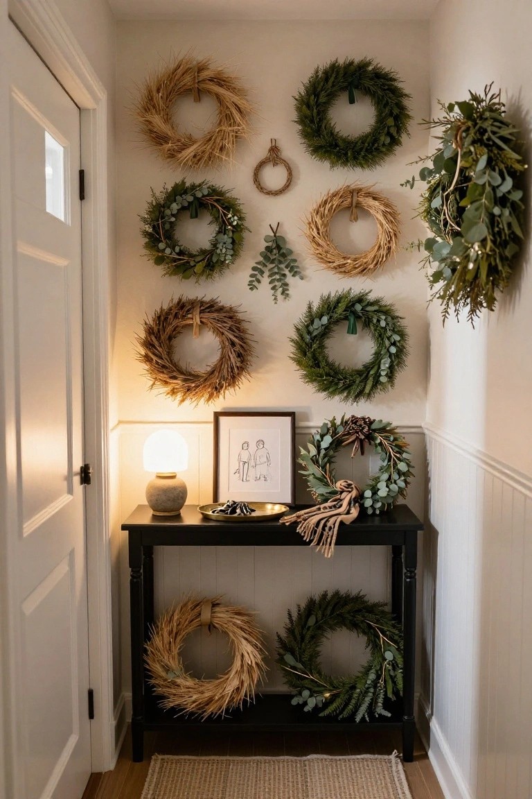 Open sage green cabinets under a marble countertop in a laundry room, showing pull-out shelves with stacked white plastic bins, hanging bundles of rosemary and lavender from ropes on door pulls, an iron stored at the bottom, next to a white washing machine.