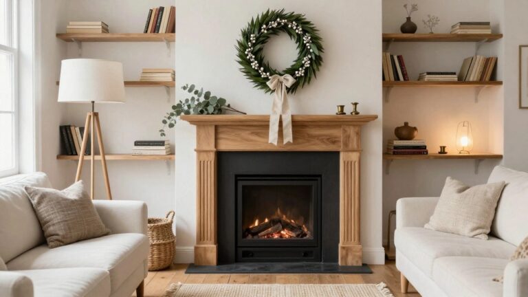 Living room with brick fireplace and wooden mantel topped by a wreath of dried oranges, eucalyptus leaves, and cinnamon sticks, flanked by beige sofa, wood coffee table, candles, and potted fiddle leaf fig plant.