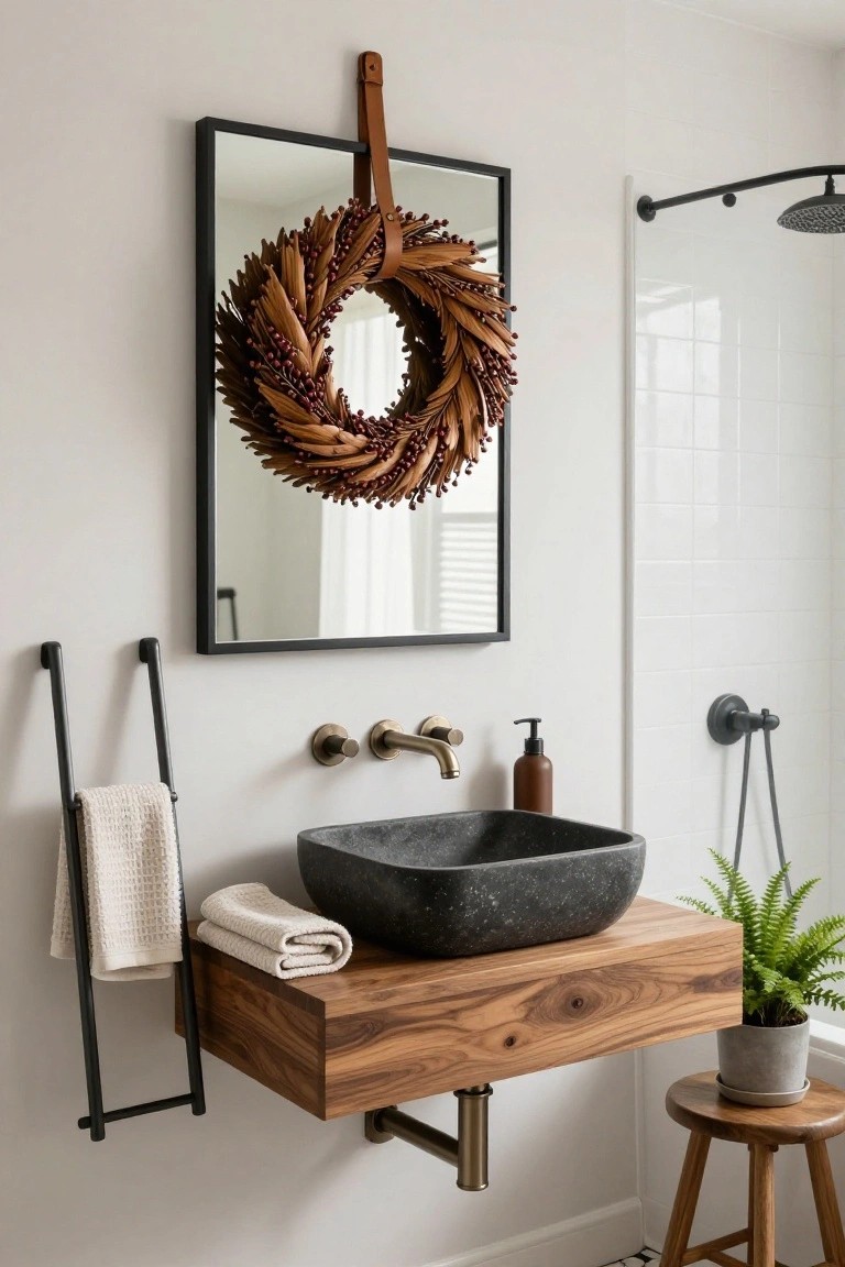 Close-up of a bathroom vanity with a round backlit mirror framed by eucalyptus garland, white sink on wooden cabinet, stone tile wall, potted dried flower, towels on rattan stool.