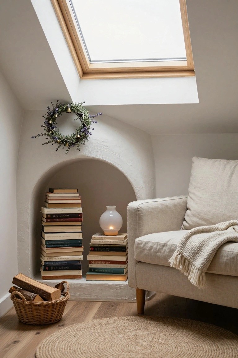 Indoor entryway corner featuring wooden coat hooks with hanging coats and scarves, a pegboard with colorful fabric wreath, framed chalkboard calendar labeled "MAINE," wooden bench with boots underneath, and an enamel basin.
