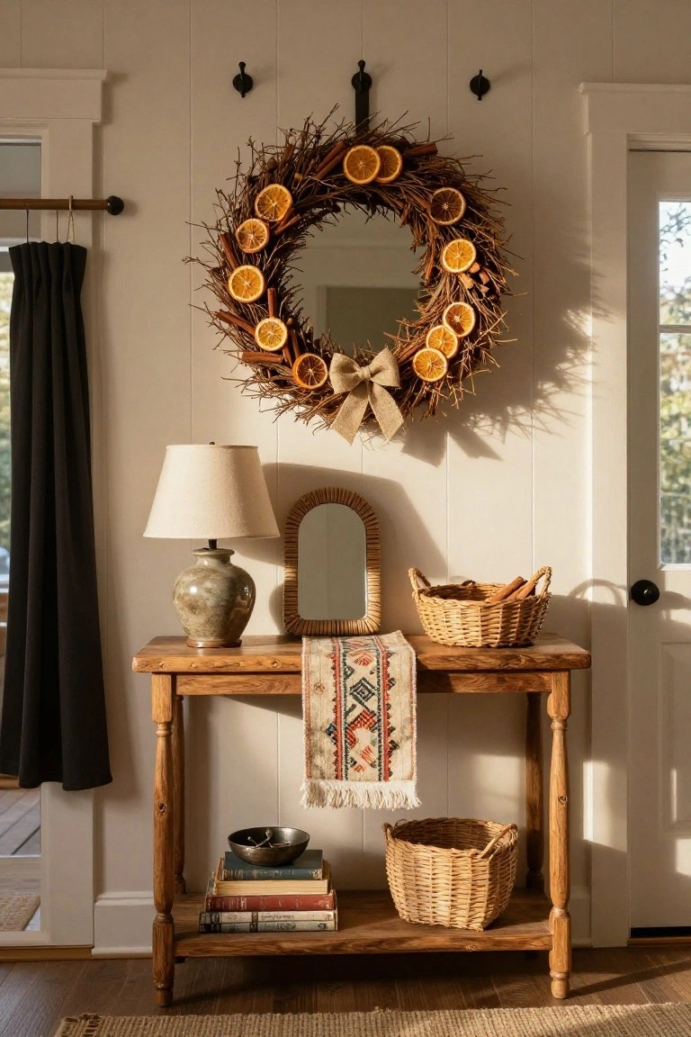 Round rattan mirror with wheat and eucalyptus wreath hung on gray entryway wall above wooden console table holding gold bowl, white vase with pussy willow branches, gray blanket in woven basket, and brown leather boots on wood floor.