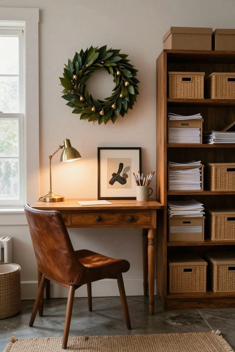 Framed rosemary wreath with cotton bolls on a wall next to a window in a home office featuring a wooden desk with MacBook laptop, leather notebook, papers, adjustable desk lamp, potted plants including snake plant and succulent.