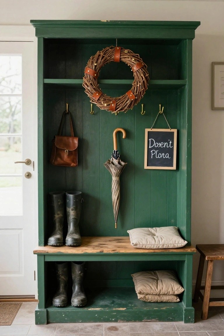 Green wooden hall bench with hooks, boots, umbrella, and wreath.
