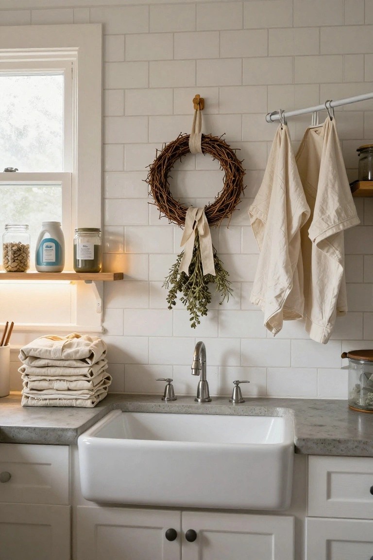 Cozy indoor window bench with beige linen pillows, wooden low table holding stacked books and white mug with brown design, gold arc lamp, potted ivy plant, and dried wheat wreath hanging in white-framed window overlooking lake and trees.