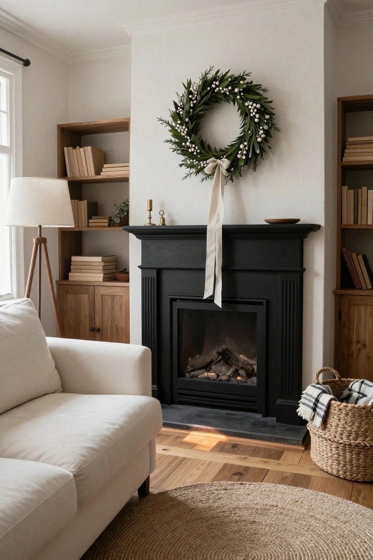 Living room with brick fireplace and wooden mantel topped by a wreath of dried oranges, eucalyptus leaves, and cinnamon sticks, flanked by beige sofa, wood coffee table, candles, and potted fiddle leaf fig plant.