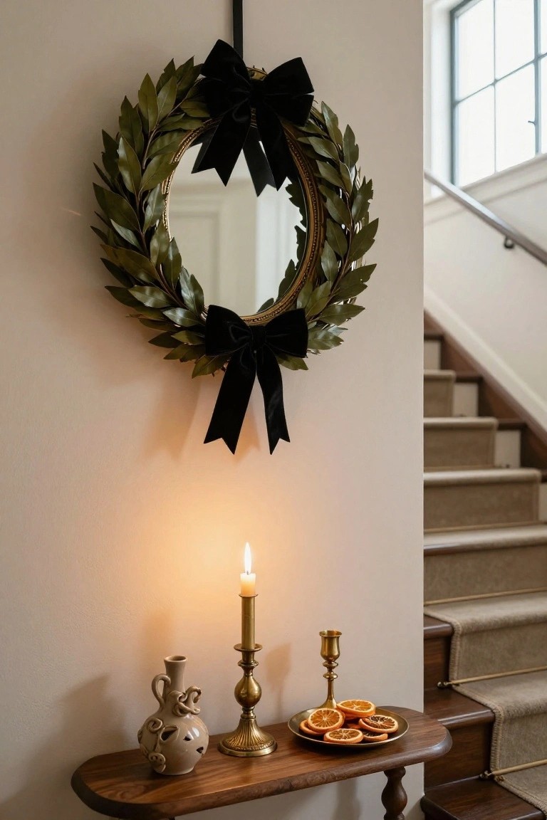 Elegant bay leaf wreath with black bows above candlelit wooden console.