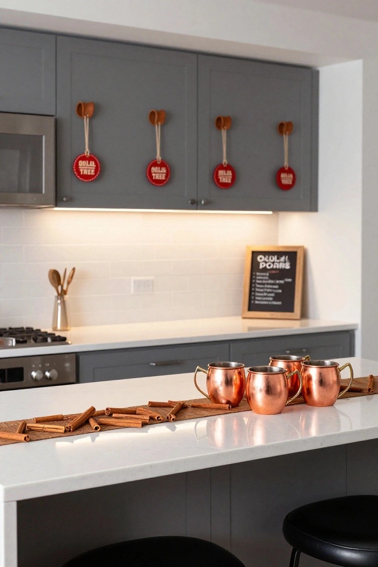 Modern kitchen island with white quartz countertop holding a runner of cinnamon sticks and four copper mugs, flanked by black bar stools, gray lower cabinets, stainless appliances, white subway tile backsplash, wooden spoons in a vase, and red Dollar Tree Christmas ornaments hanging from leather hooks on gray upper cabinets above a microwave.