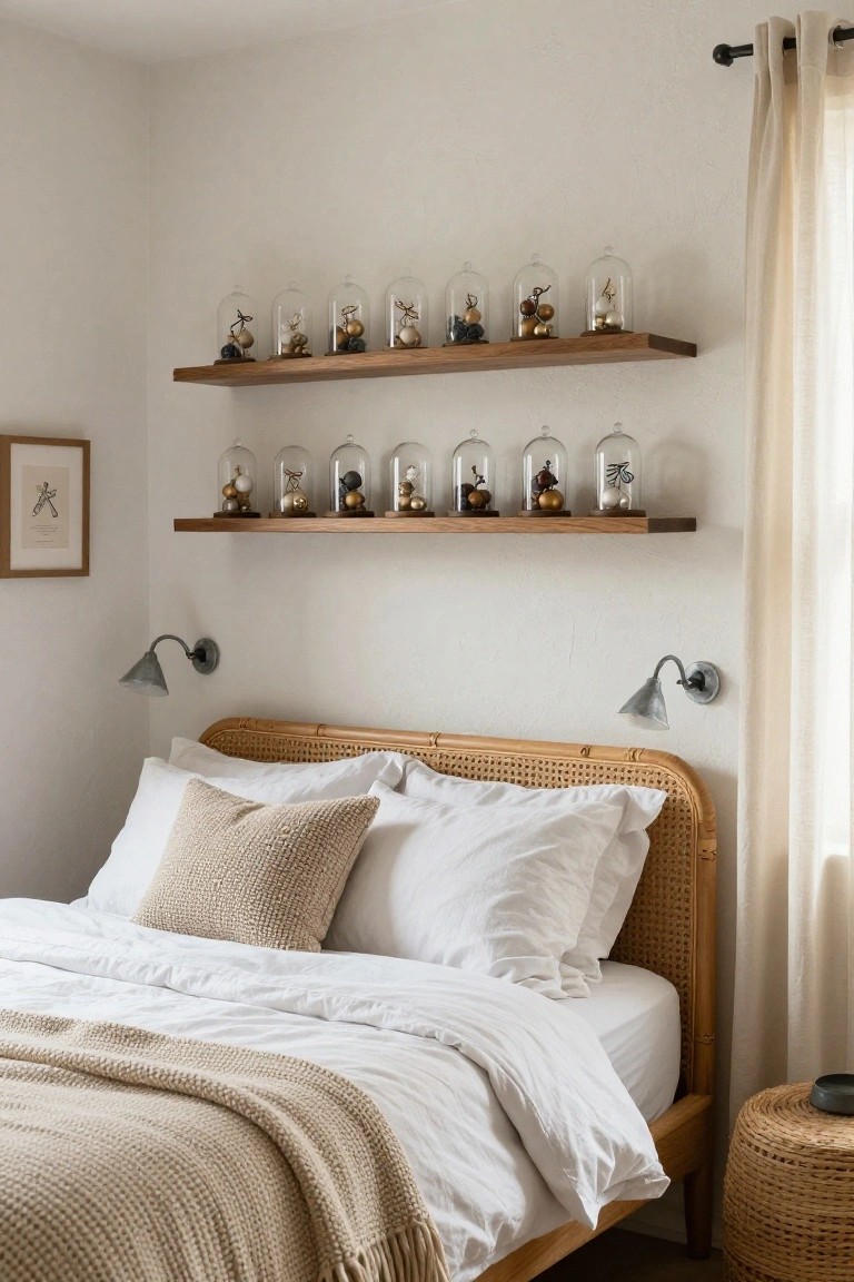 Bedroom corner showing rattan bed frame with white bedding and beige throw blanket, floating wooden shelves with glass cloches containing gold Christmas ornaments, wall sconces, framed art, sheer curtains, and woven side stool.