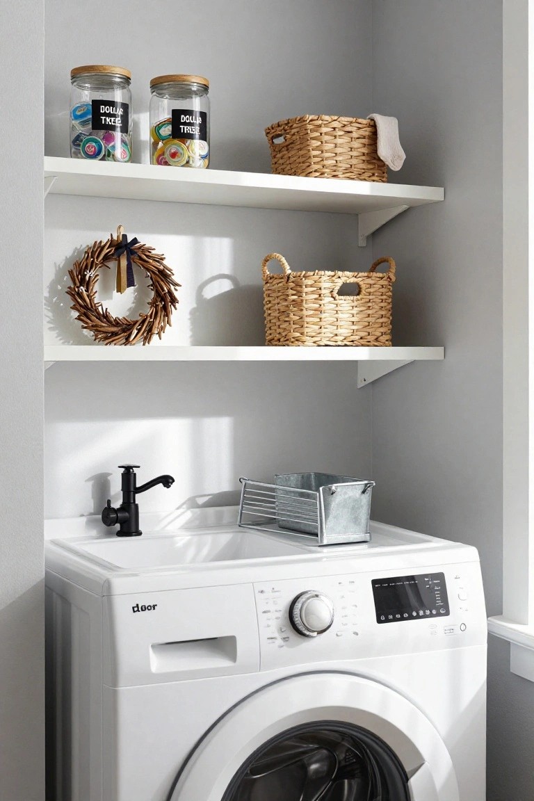 Laundry room corner with white front-load washer, black faucet utility sink, metal tray on sink, white floating shelves holding wicker baskets, two glass jars labeled Dollar Tree and Dollar Tribe filled with colorful round discs, wheat wreath, and towel draped over basket.