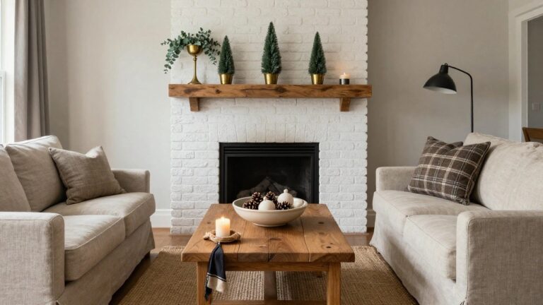 Cozy living room featuring a white brick fireplace, wooden mantel with small evergreen trees, and neutral-toned sofas, creating a chic holiday atmosphere.