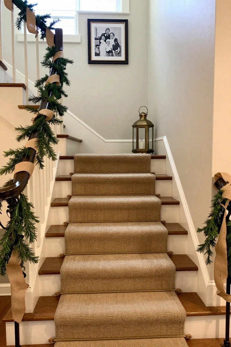 Beige carpeted staircase with dark wood treads and risers, white-painted railing and balusters decorated with green garland and burlap ribbons, family photo in black frame on wall, brass lantern on ledge.