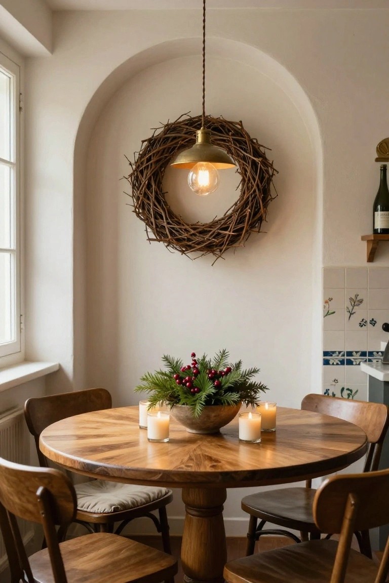 Dining table with wooden chairs in a white-walled room featuring an arched niche, a grapevine wreath pendant light fixture with lit bulb hanging above, a bowl of fir branches and red berries as centerpiece, and white candles on the table.