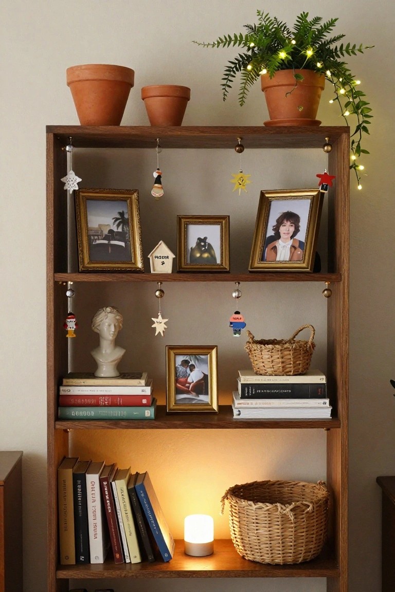 Wooden open bookshelf with terracotta pots, potted fern with fairy lights, books, framed photos, a white bust sculpture, woven baskets, and various hanging star and figurine ornaments.