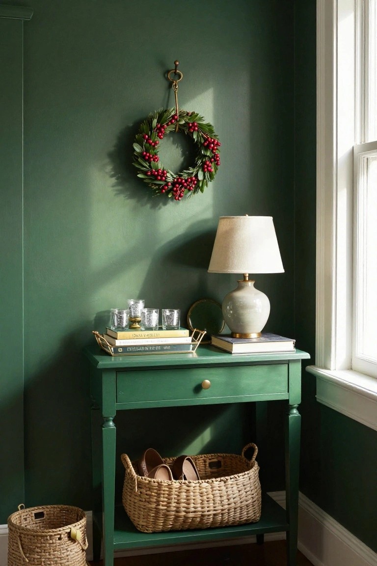 Corner of a green-walled room with a matching green console table topped by a lamp, brass tray of glass votives and books, woven baskets holding shoes underneath, berry wreath on wall above, and window nearby.