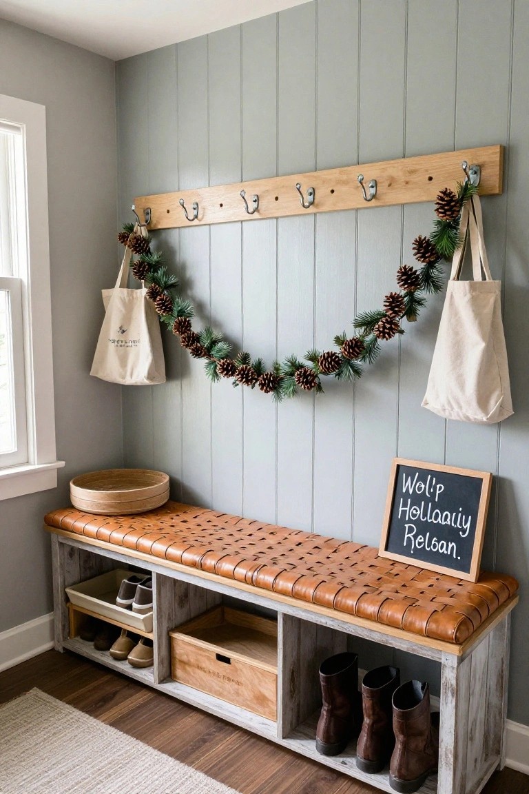 Gray shiplap wall in an entryway with wooden coat rack holding pine cone garland and canvas tote bags, leather-topped bench with shoe and boot storage below, and a chalkboard sign reading "Welcome Home" nearby.