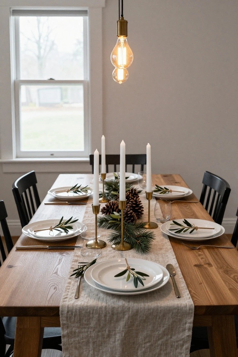 Wooden dining table set for six with white plates garnished by olive branches tied with twine, four white taper candles in gold holders surrounded by pine branches and pinecones on a beige linen runner, black chairs, pendant light above, and window with view in background.