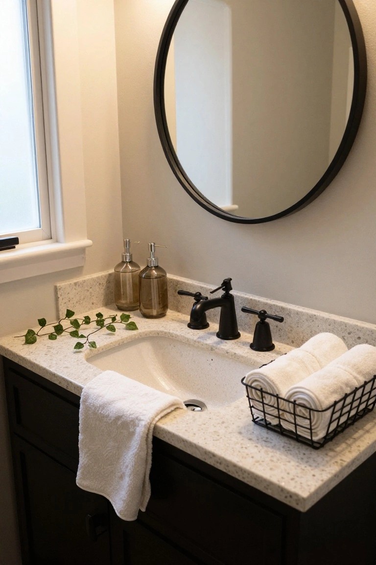 Bathroom vanity with dark wood cabinet, white quartz countertop, undermount white sink, black faucet and handles, two glass soap dispensers, trailing faux green ivy leaves, one hanging white towel, black wire basket holding rolled white towels, and large round black mirror on light wall.