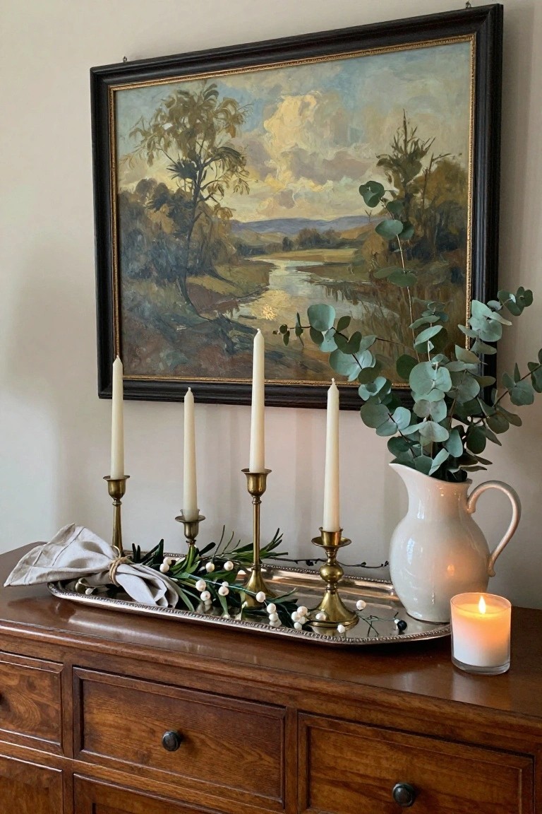 Wooden dresser topped with silver tray holding four white taper candles in brass candelabras intertwined with eucalyptus and white berries, plus folded gray linen napkin, beside white pitcher filled with eucalyptus and lit glass candle, under framed landscape painting on white wall.