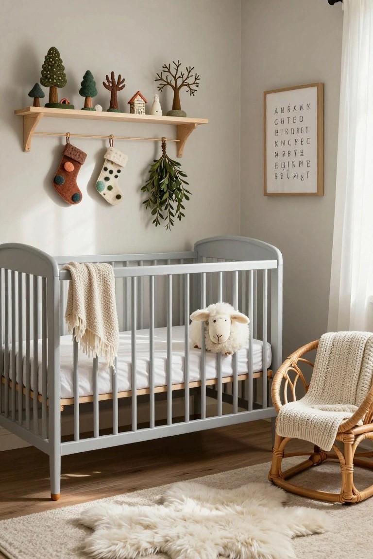 Light gray nursery room with wooden floating shelf holding small felt Christmas trees, miniature house and camp, white sheep plush in gray crib, hanging stockings and greenery below shelf, rattan rocking chair with throw, and white shag rug on wood floor.