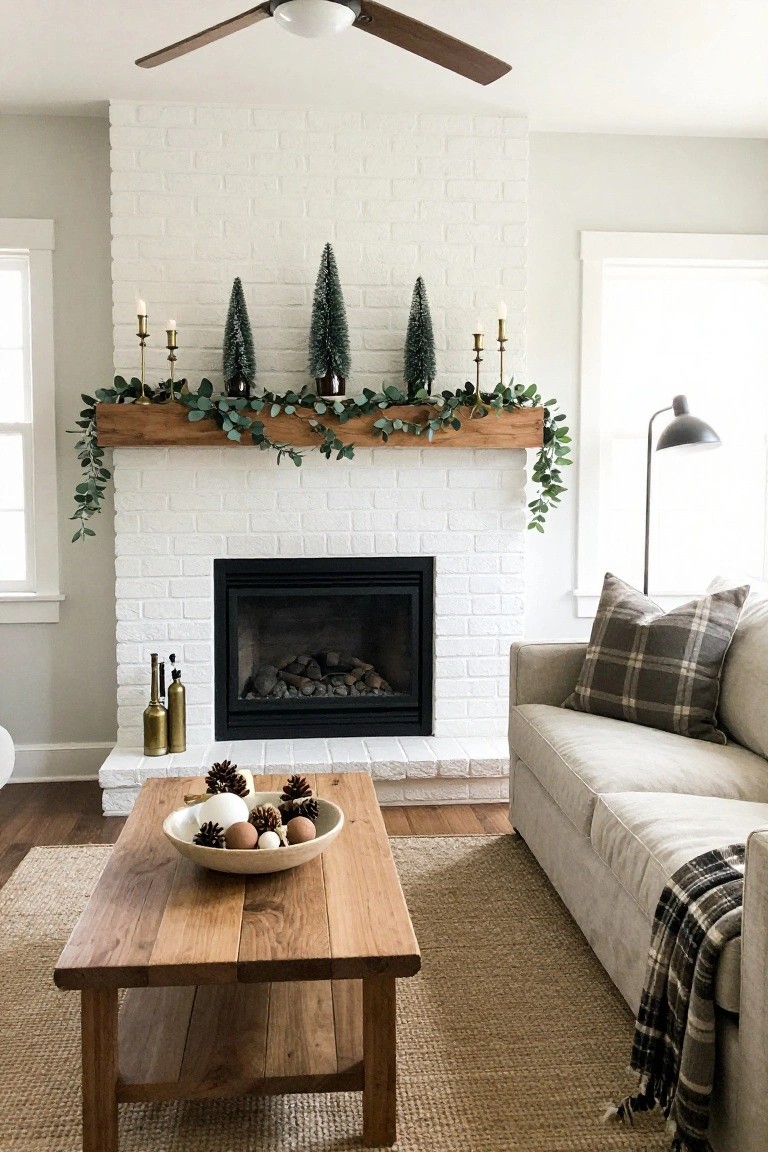 Cozy living room with white brick fireplace, wooden mantel, and sofa.