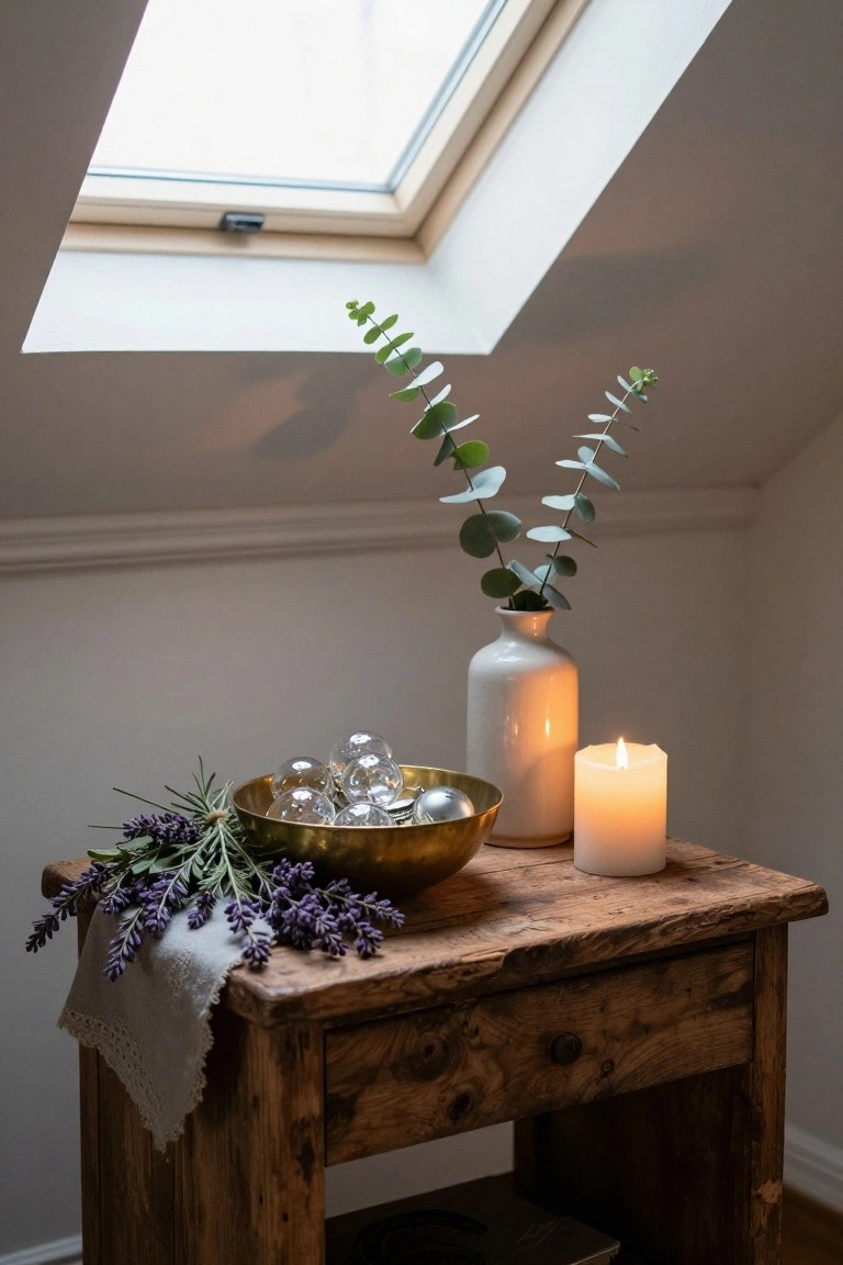 Wooden side table with a brass bowl of clear glass ornaments and lavender sprigs, a white vase of eucalyptus branches, a white candle, and a linen cloth, in a white room with sloped ceiling and skylight.