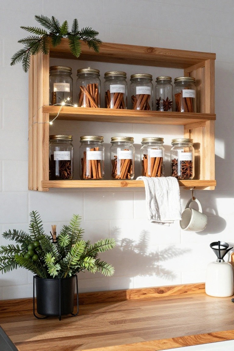 Wooden open shelf on white tiled kitchen wall displays labeled glass jars of cinnamon sticks, star anise, and cloves, with string lights, evergreen branches, a hanging towel, mug, potted plant, and countertop below.