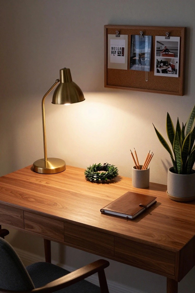 Wooden desk with gold adjustable lamp, small circular wreath of greens, leather notebook, cup of pencils, snake plant in gray pot, and corkboard with photos on beige wall, warmly lit room.