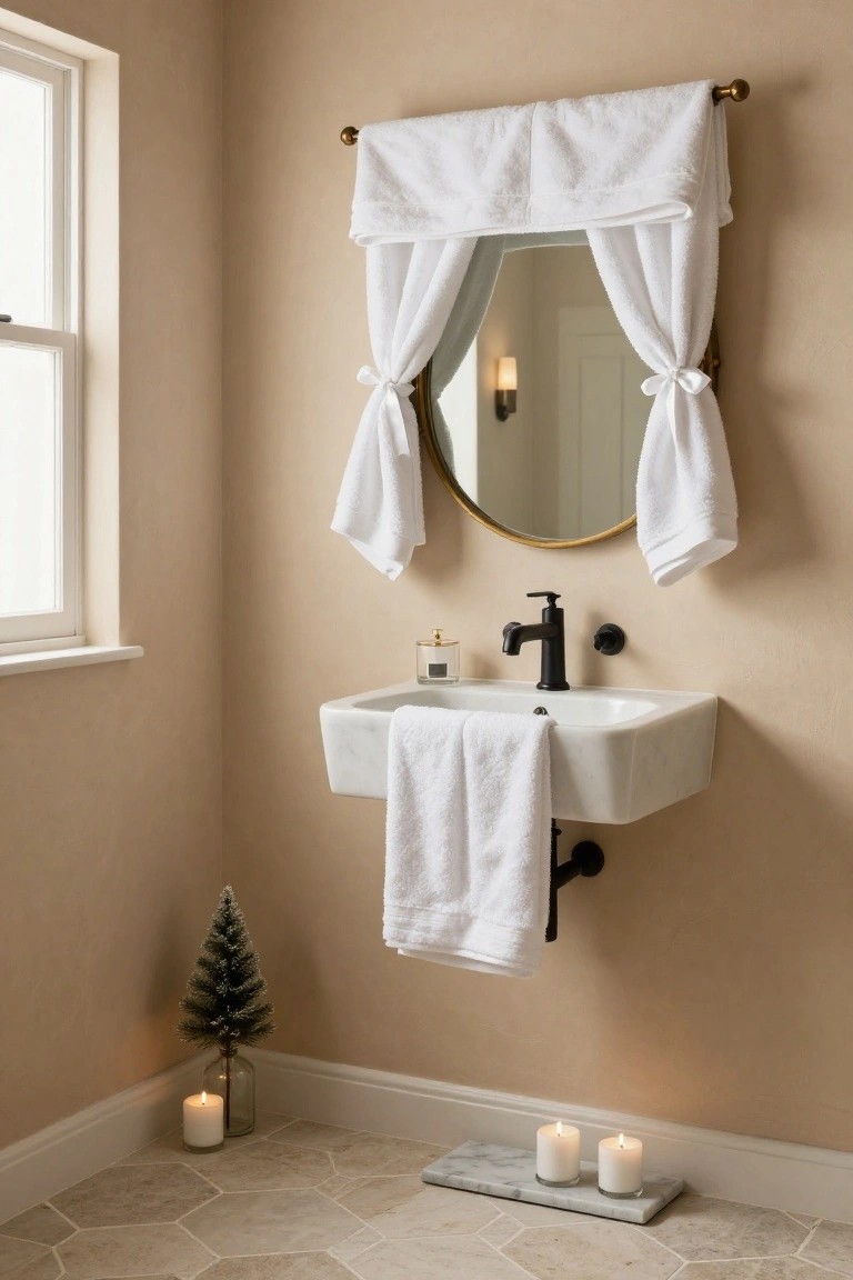 Beige bathroom corner with round gold mirror framed by draped white towels tied with bows, wall-mounted white sink and black faucet, hanging towel, small flocked Christmas tree in glass bottle, and white candles on marble tray and floor.