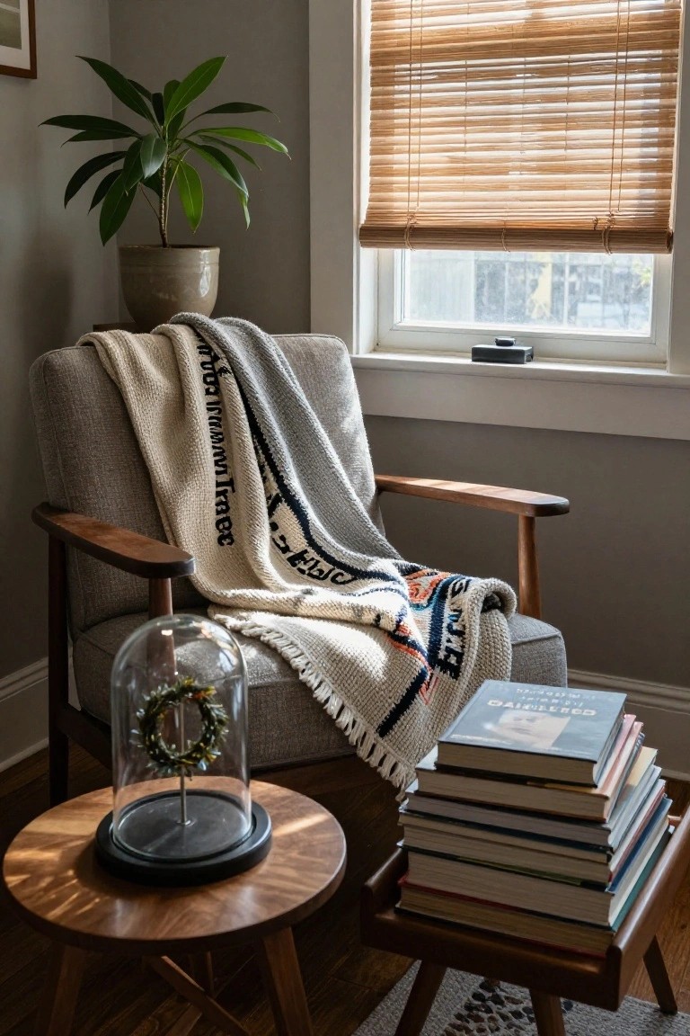 Cozy gray armchair draped with a woven blanket in a room corner, beside a wooden side table with stacked books and a glass dome covering a green wreath, a potted plant nearby, and a window with bamboo shades.