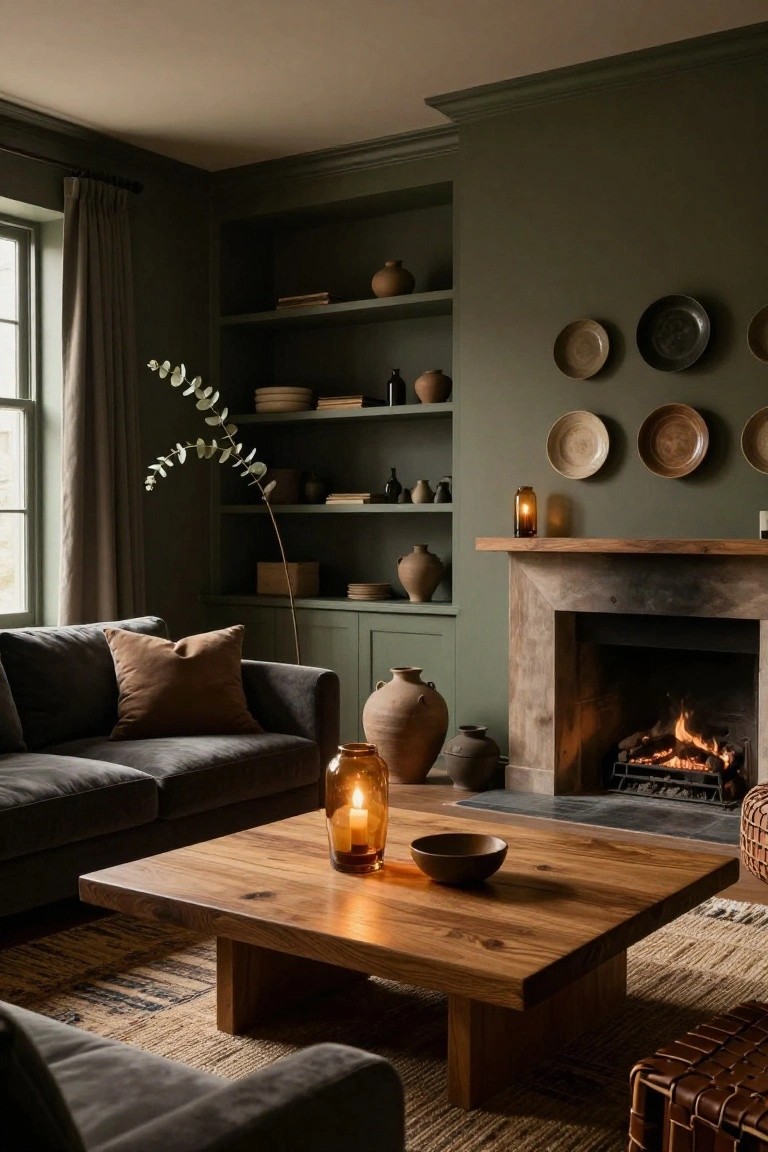 Living room interior with dark green walls and built-in wooden shelves displaying ceramic pots, plates, and vases, gray sofa, wooden coffee table with glass candle holder and bowl, stone fireplace with burning logs, and woven rug.