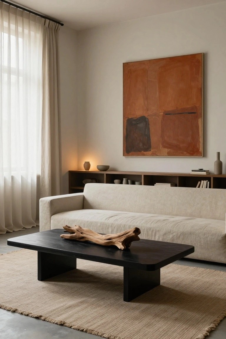 Minimalist living room interior with light beige sofa, low rectangular black wood coffee table holding driftwood, wooden shelves stocked with ceramic pots and bowls, large abstract orange and black painting on wall, beige rug on concrete floor, and sheer curtains over window.
