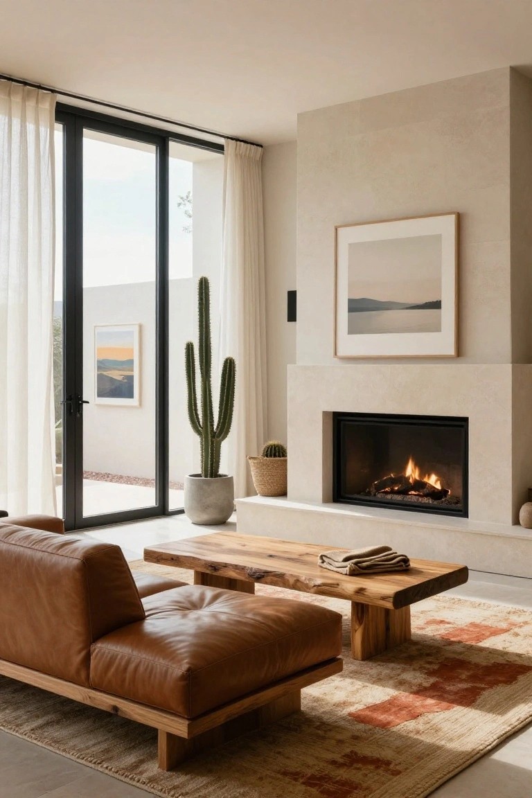 Modern living room with tan leather low-profile sofa on wooden frame, rectangular live-edge wooden coffee table holding a folded beige throw, beige stone fireplace with burning logs, tall potted cactus plant beside the hearth, small succulent in woven basket, abstract framed artwork on walls, and sliding glass doors to outdoor desert view.