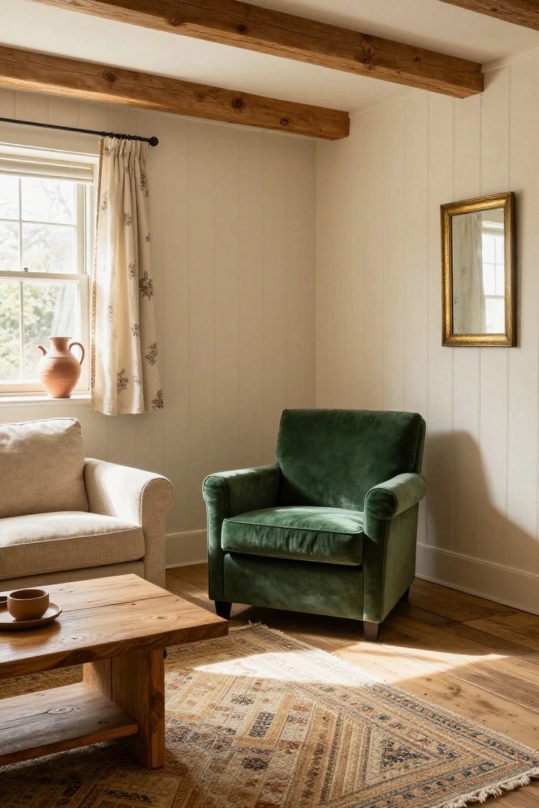 Living room corner with exposed wooden ceiling beams, white paneled walls, green velvet armchair, beige sofa, wooden coffee table holding a terracotta bowl and saucer, patterned rug, and window with floral curtains and terracotta jug on sill.