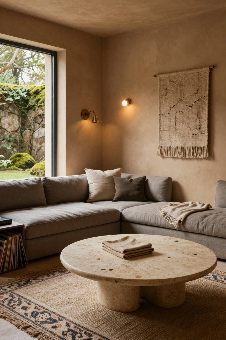 Beige textured living room with L-shaped gray sofa, round beige travertine coffee table on double pedestals, woven rug, macrame wall hanging, and large window showing mossy stone garden wall.