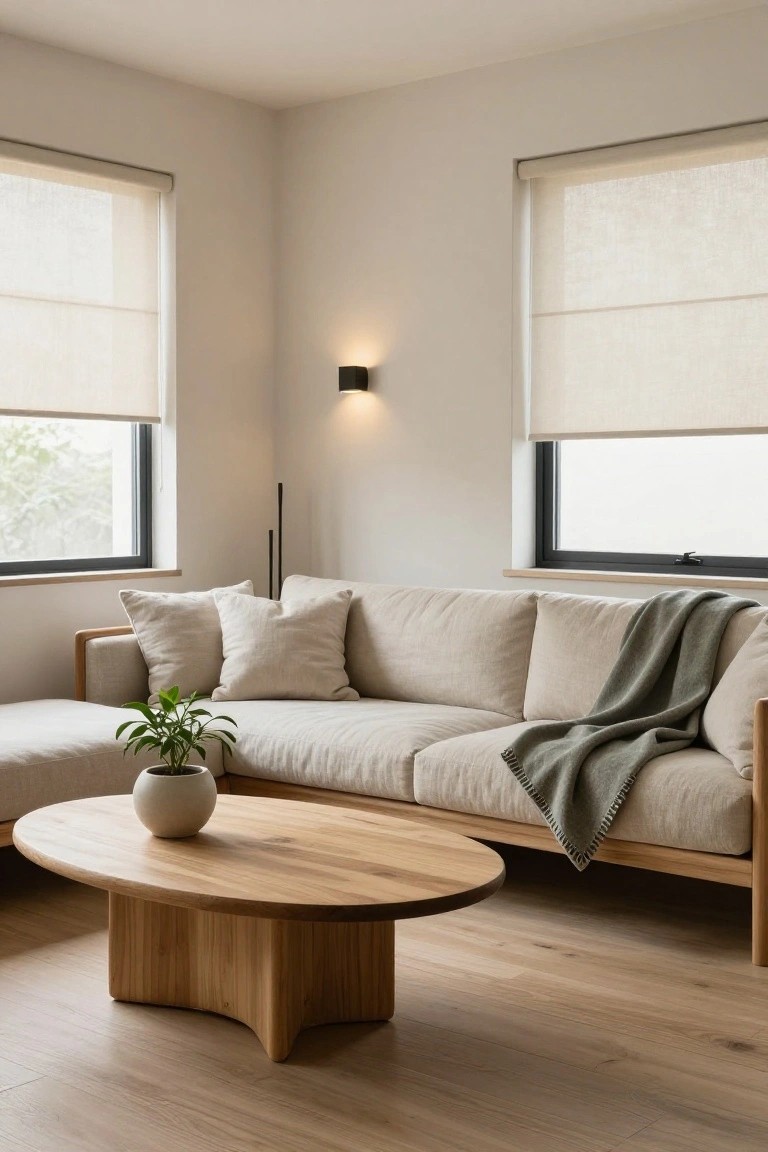 Beige L-shaped linen sofa with pillows and gray throw in a light neutral living room, oval wooden coffee table with potted plant, sheer blinds on black-framed windows, wall lamp, wooden floor.