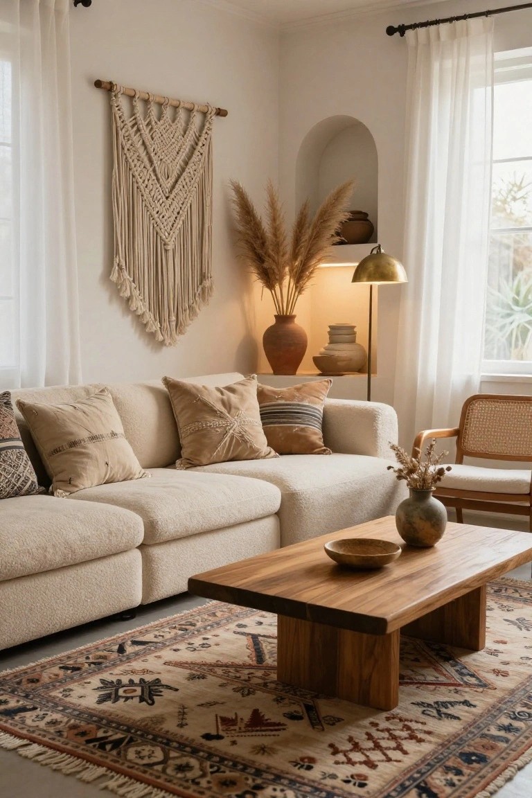 Beige living room corner with macrame wall hanging, arched niche holding pampas grass plumes, terracotta pots, stacked ceramics, gold floor lamp, cream bouclé sofa with textured pillows, rattan chair, wooden coffee table, and patterned rug.