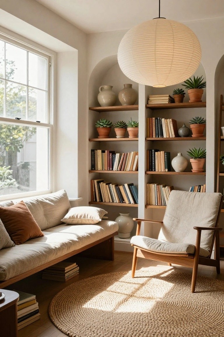 Sunlit interior corner with arched wooden bookshelves holding books, potted succulents, ceramic vases, a linen-upholstered bench, wooden armchair, seagrass rug, and large paper lantern overhead.